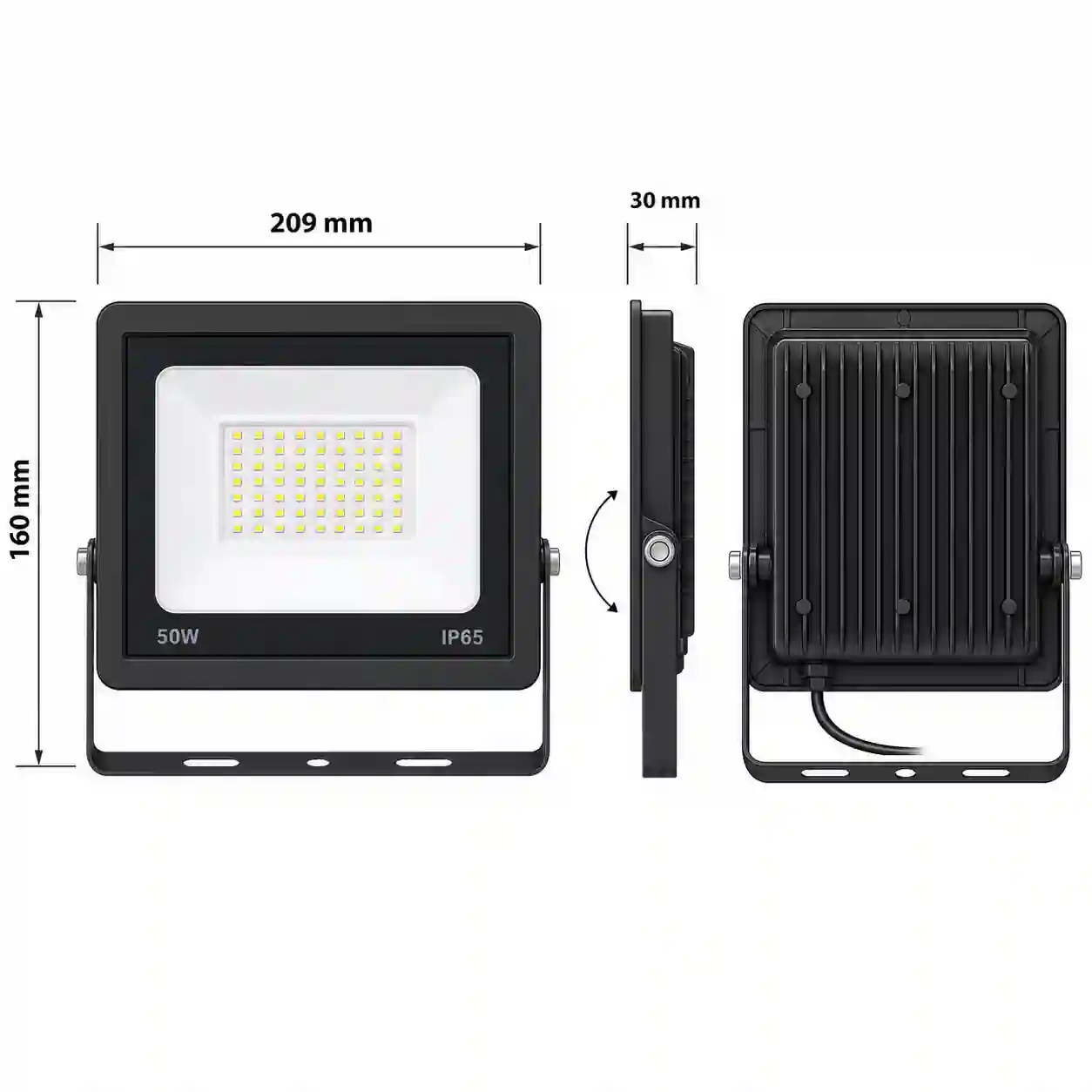 Rozměrový nákres LED reflektoru LEVE 50W s hodnotami 209 x 160 x 30 mm a montážním třmenem